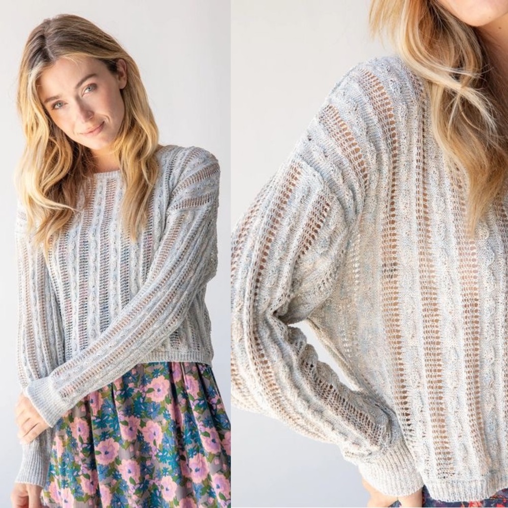 Natural Life Open Knit Cropped Boxy Sweater Blue Cream Silver Metallic Small